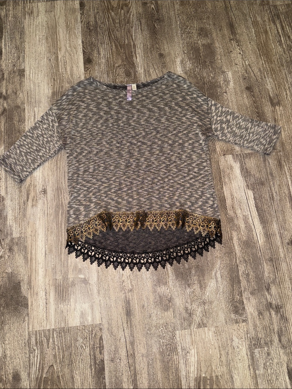 Alya Gray Knit Top with Gold & Black Lace Trim